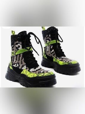 Cape Robbin Animal Print Bright Combat Boot Sz 6 Sequin Snake skin Punk Dance
